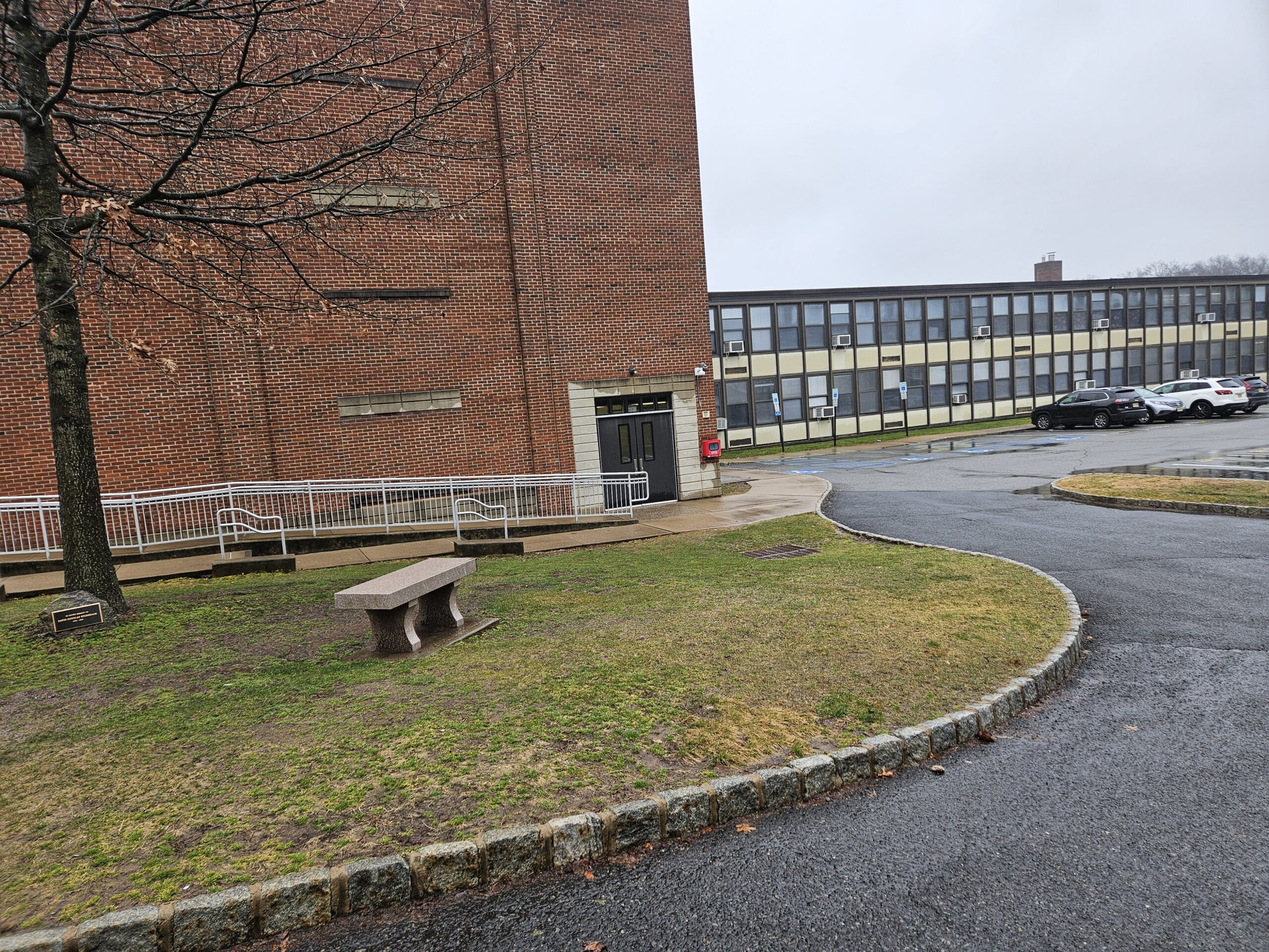 Westfield High School AED is at far end of student parking lot closest to softball field -- red box.